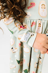 Kids Gingerbread Jesus Twirl Dress Cotton | Long Sleeve