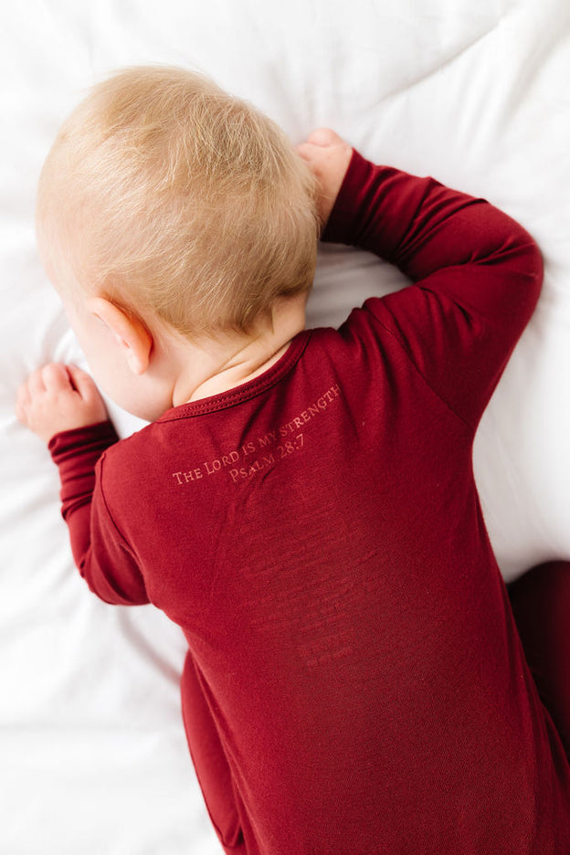 The Lord is My Strength Red PJ Footed Onesie Bamboo