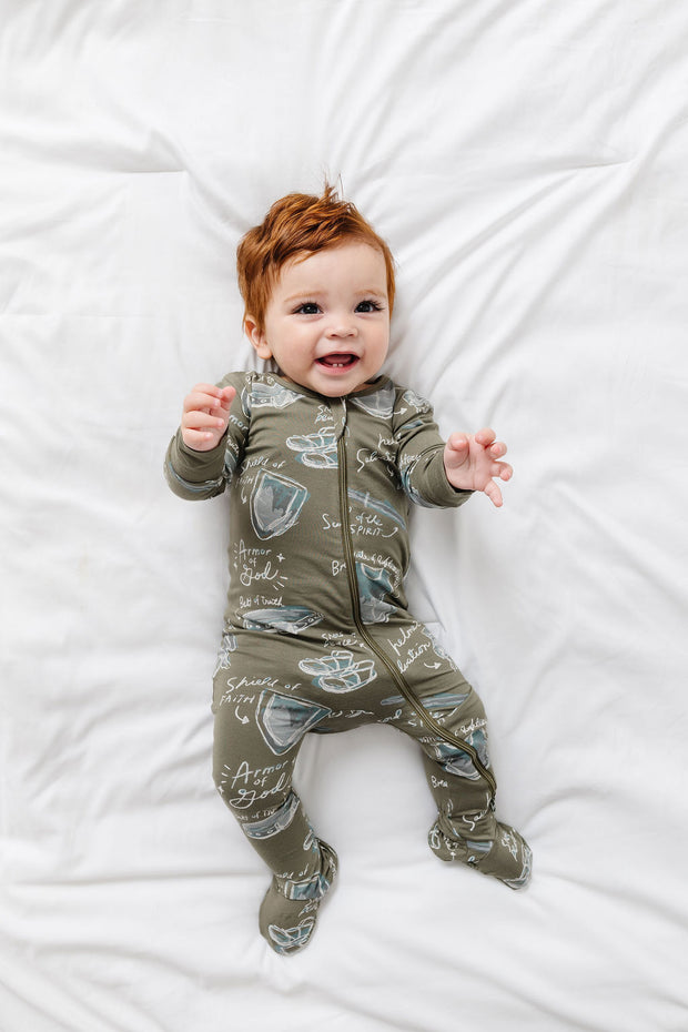 Armor of God Green PJ Footed Onesie Bamboo