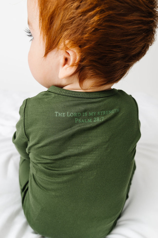 The Lord is My Strength Green PJ Footless Onesie Bamboo