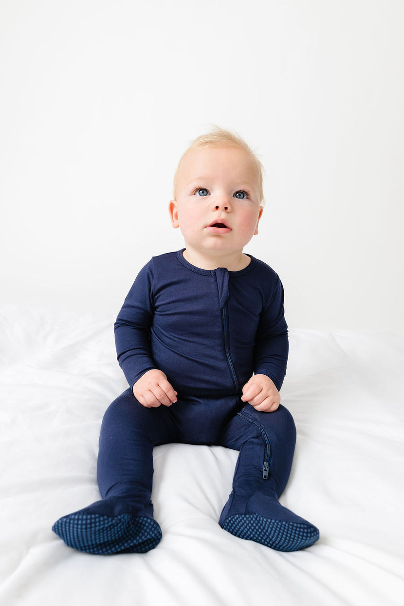 The Lord is My Strength Navy PJ Footed Onesie Bamboo