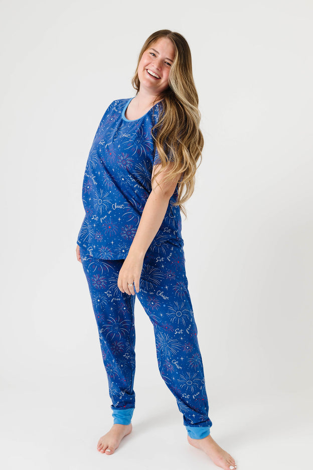 Set Free in Christ Womens PJ Short Sleeve Jogger Set Cotton