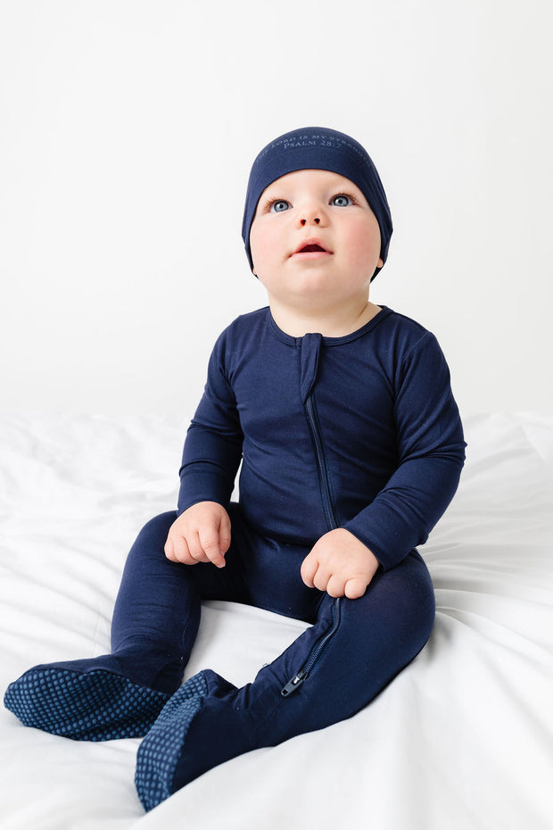 The Lord is My Strength Navy PJ Footed Onesie Bamboo
