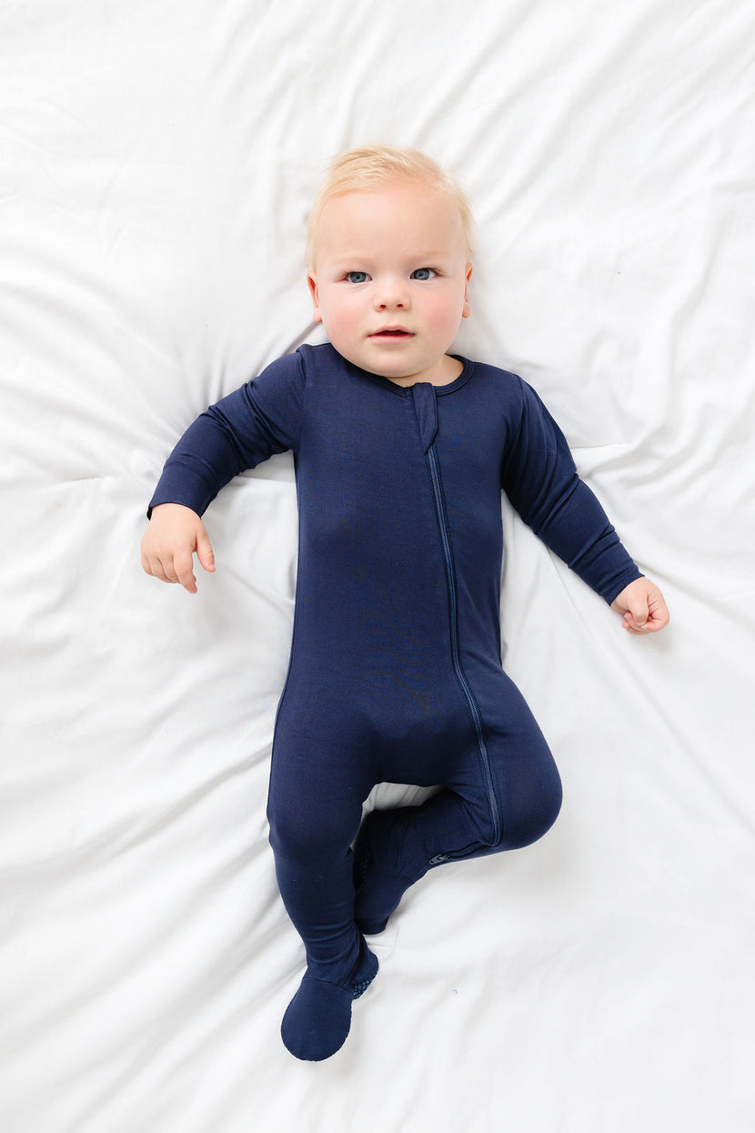 The Lord is My Strength Navy PJ Footed Onesie Bamboo