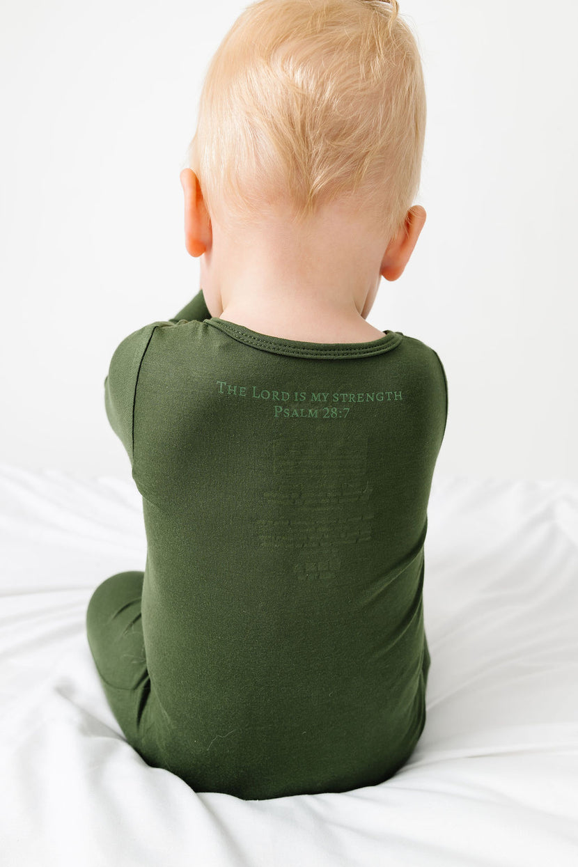 The Lord is My Strength Green PJ Footed Onesie Bamboo
