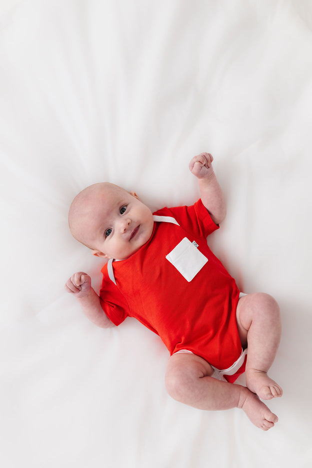 Baby Shine Red Prayer Pocket Bodysuit | Short Sleeve