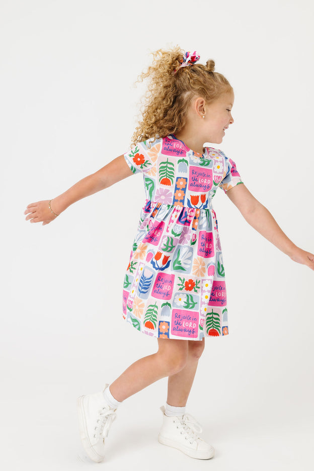 Kids Rejoice in the Lord Floral Twirl Dress Cotton | Short Sleeve