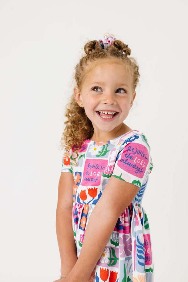 Kids Rejoice in the Lord Floral Twirl Dress Cotton | Short Sleeve