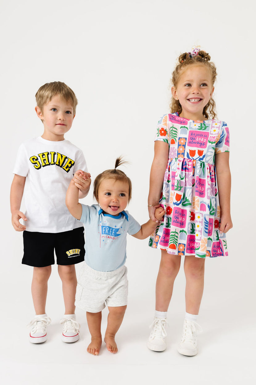 Kids Rejoice in the Lord Floral Twirl Dress Cotton | Short Sleeve