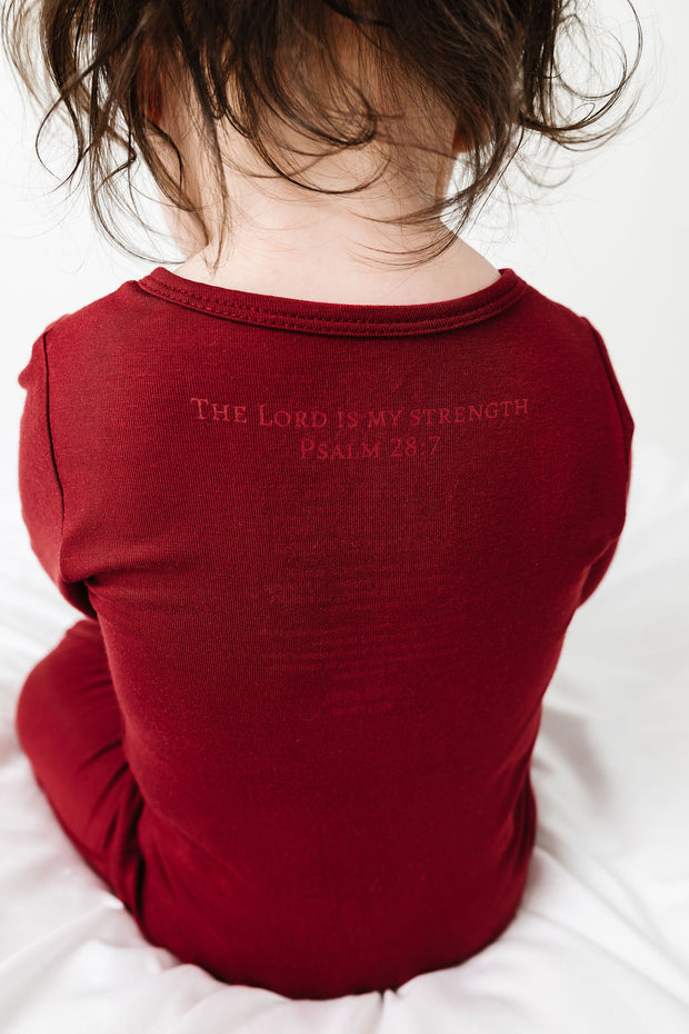 The Lord is My Strength Red PJ Footless Onesie Bamboo