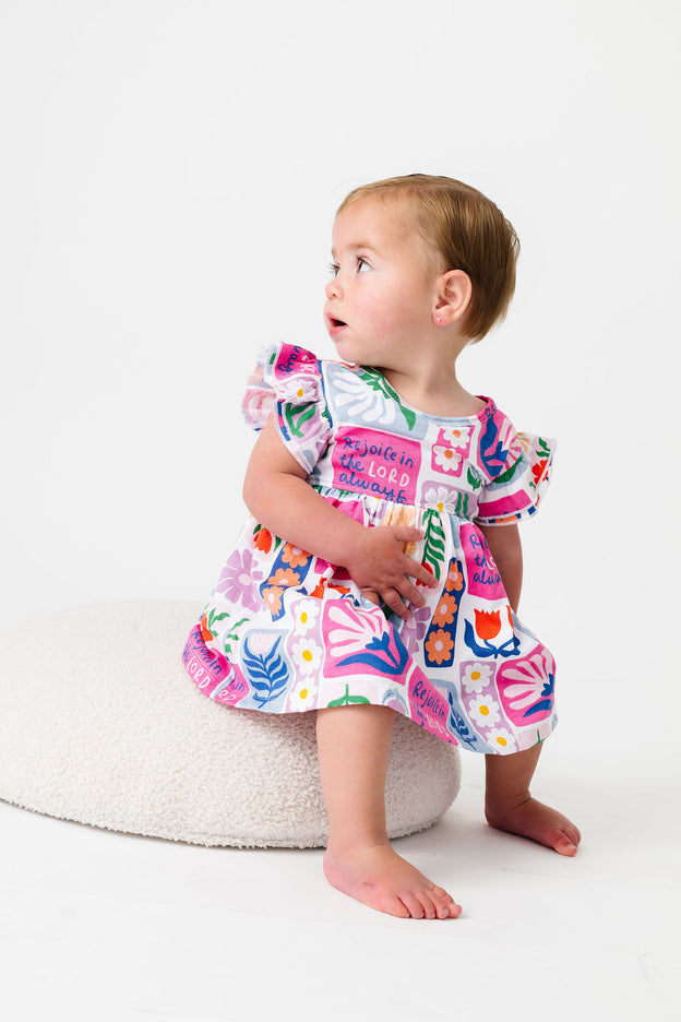 Baby Rejoice in the Lord Floral Twirl Dress Bodysuit Cotton | Short Sleeve