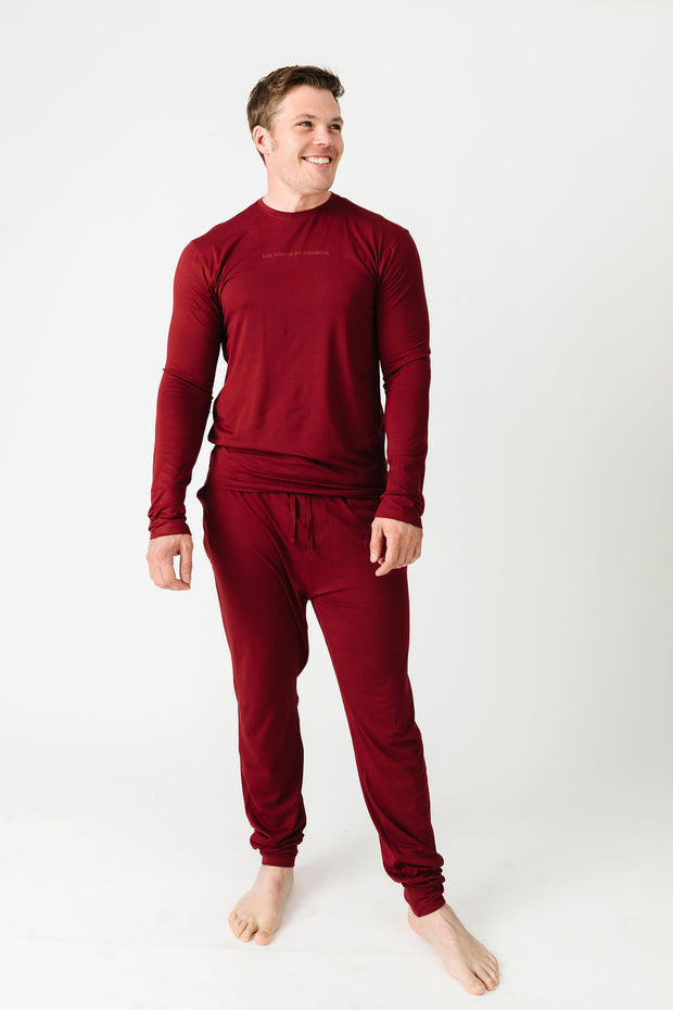 The Lord is My Strength Red PJ Mens Long Sleeve Jogger Set Bamboo