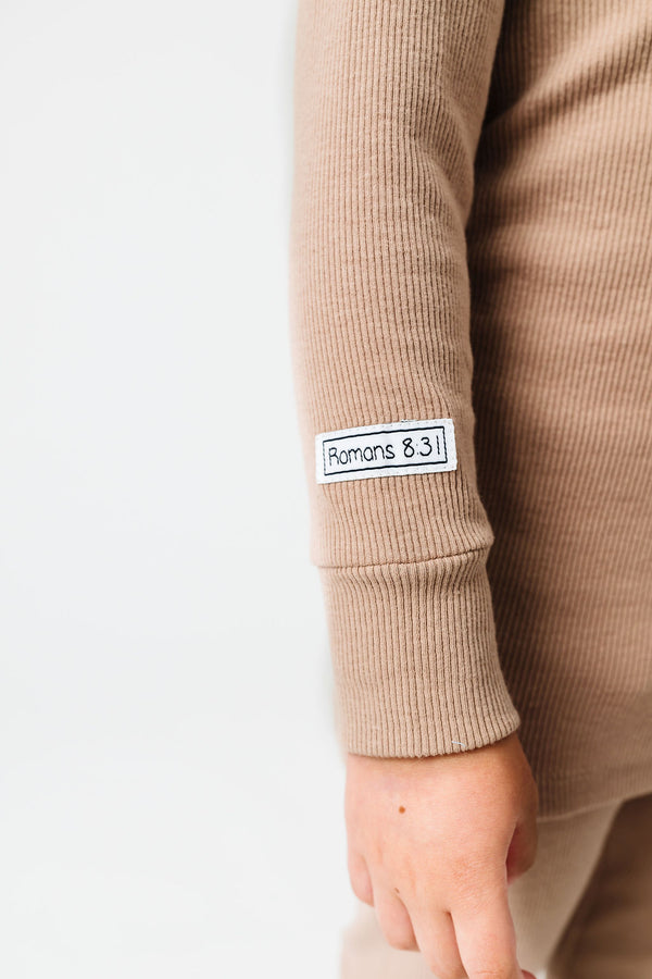 God's Got My Back Beige PJ Long Sleeve Set Ribbed Cotton-Bamboo Blend