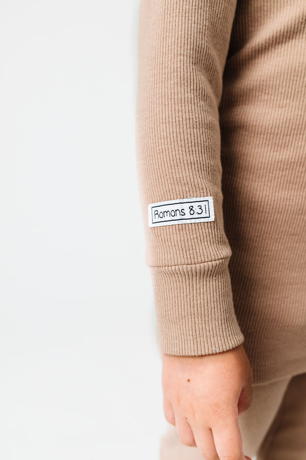 God's Got My Back Beige PJ Long Sleeve Set Ribbed Cotton-Bamboo Blend