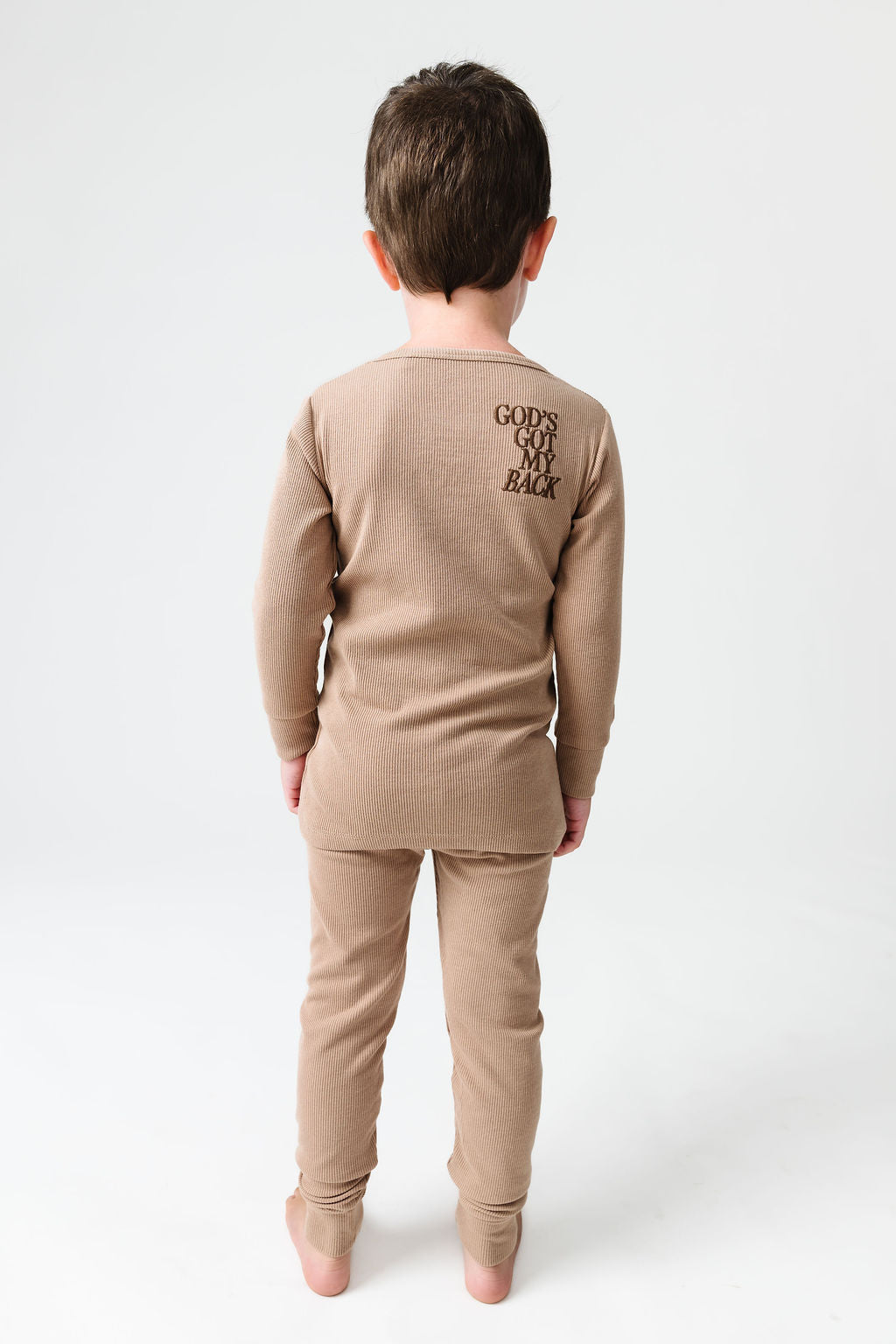Gods Got My Back Beige PJ Long Sleeve Set Ribbed Cotton-Bamboo Blend