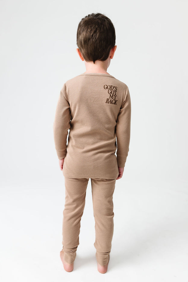 God's Got My Back Beige PJ Long Sleeve Set Ribbed Cotton-Bamboo Blend