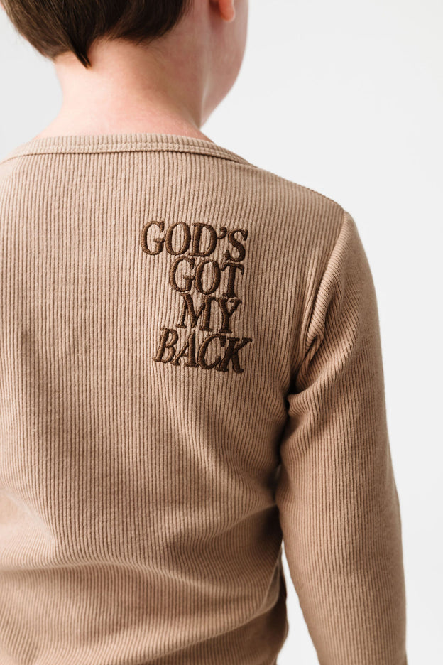 God's Got My Back Beige PJ Long Sleeve Set Ribbed Cotton-Bamboo Blend