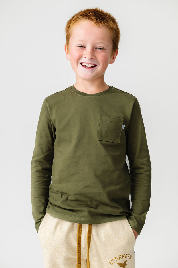 Kids Solid Olive Prayer Pocket T-Shirt Cotton | Long Sleeve
