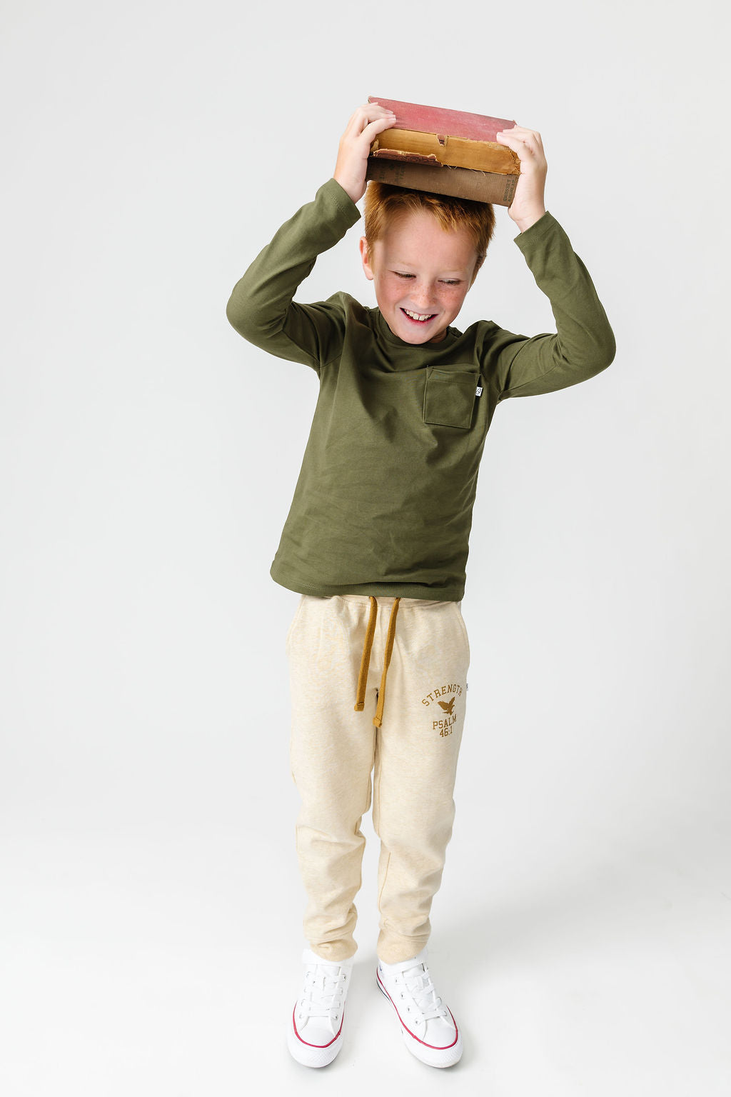 Kids Solid Olive Prayer Pocket T-Shirt Cotton | Long Sleeve