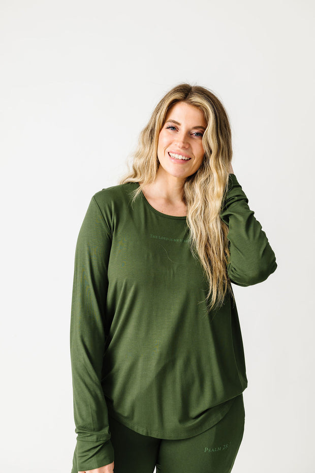 The Lord is My Strength Green PJ Womens Jogger Long Sleeve Set Bamboo