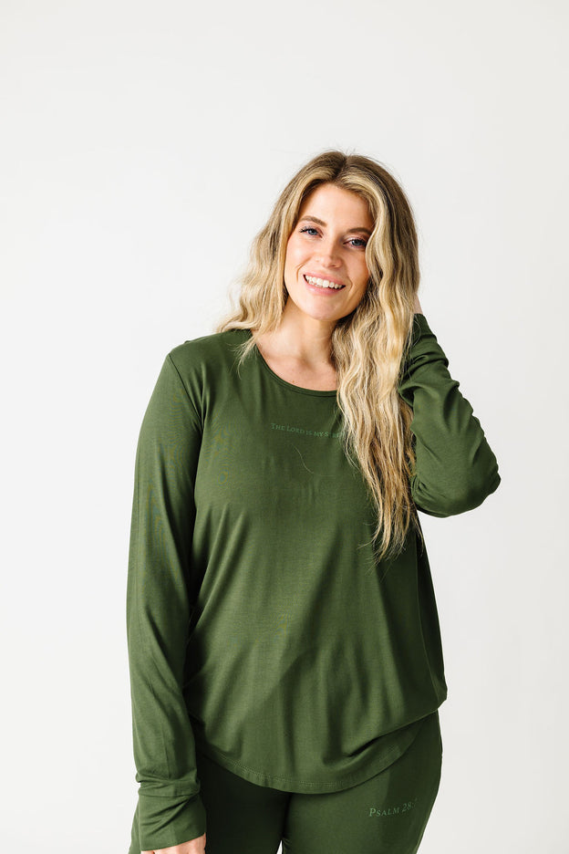 The Lord is My Strength Green PJ Womens Jogger Long Sleeve Set Bamboo