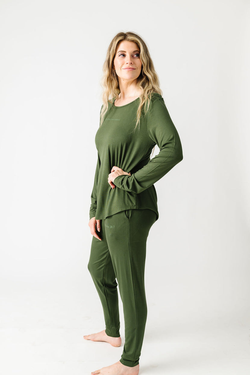 The Lord is My Strength Green PJ Womens Jogger Long Sleeve Set Bamboo