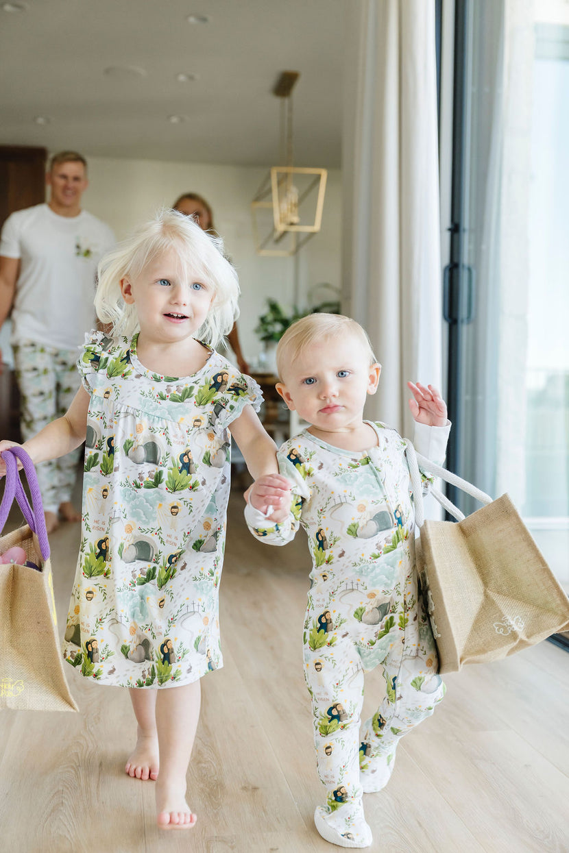 He Is Risen PJ Footed Onesie Cotton