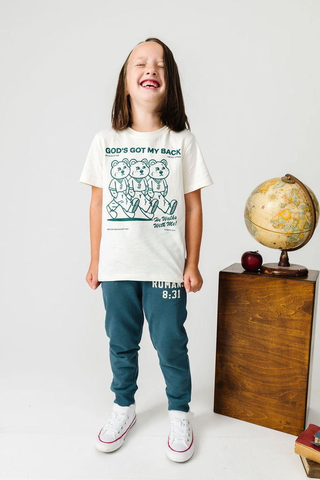 Kids God's Got My Back Teal T-Shirt Cotton | Short Sleeve