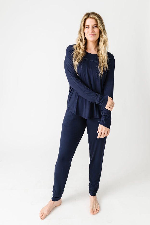 The Lord is My Strength Navy PJ Womens Long Sleeve Jogger Set Bamboo