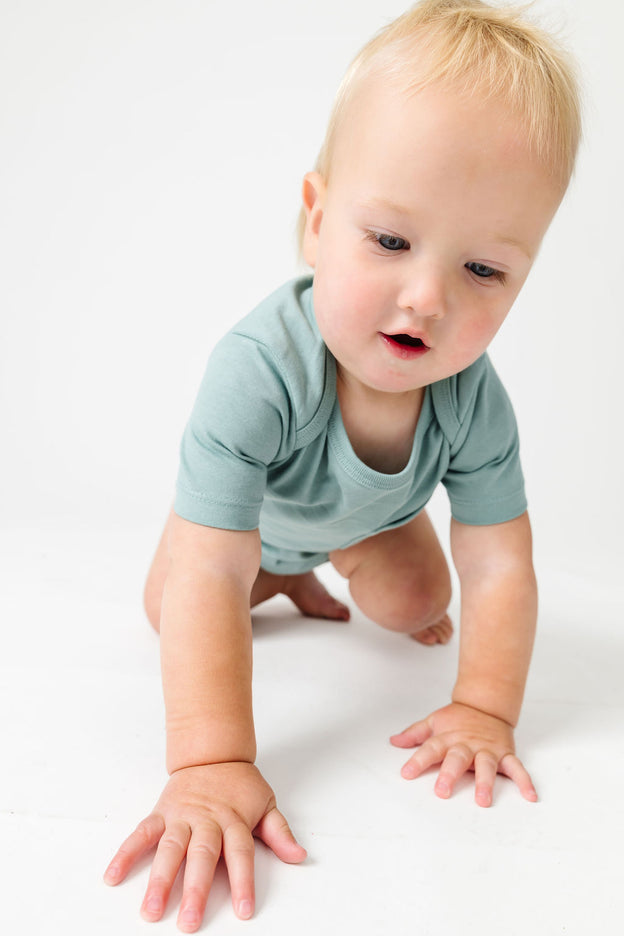 Baby Solid Teal Prayer Pocket Bodysuit Cotton | Short Sleeve