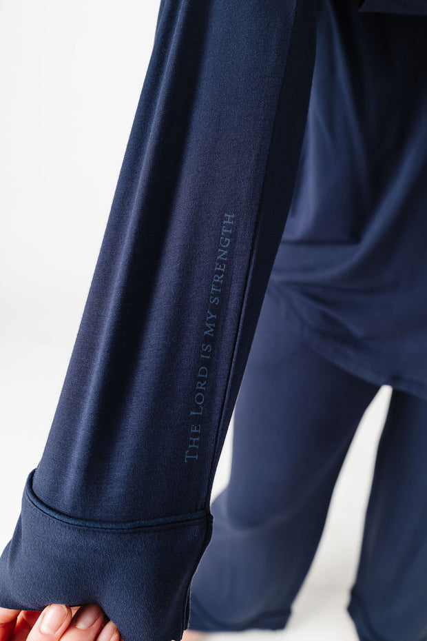 The Lord is My Strength Navy PJ Womens Notch Collar Set Bamboo
