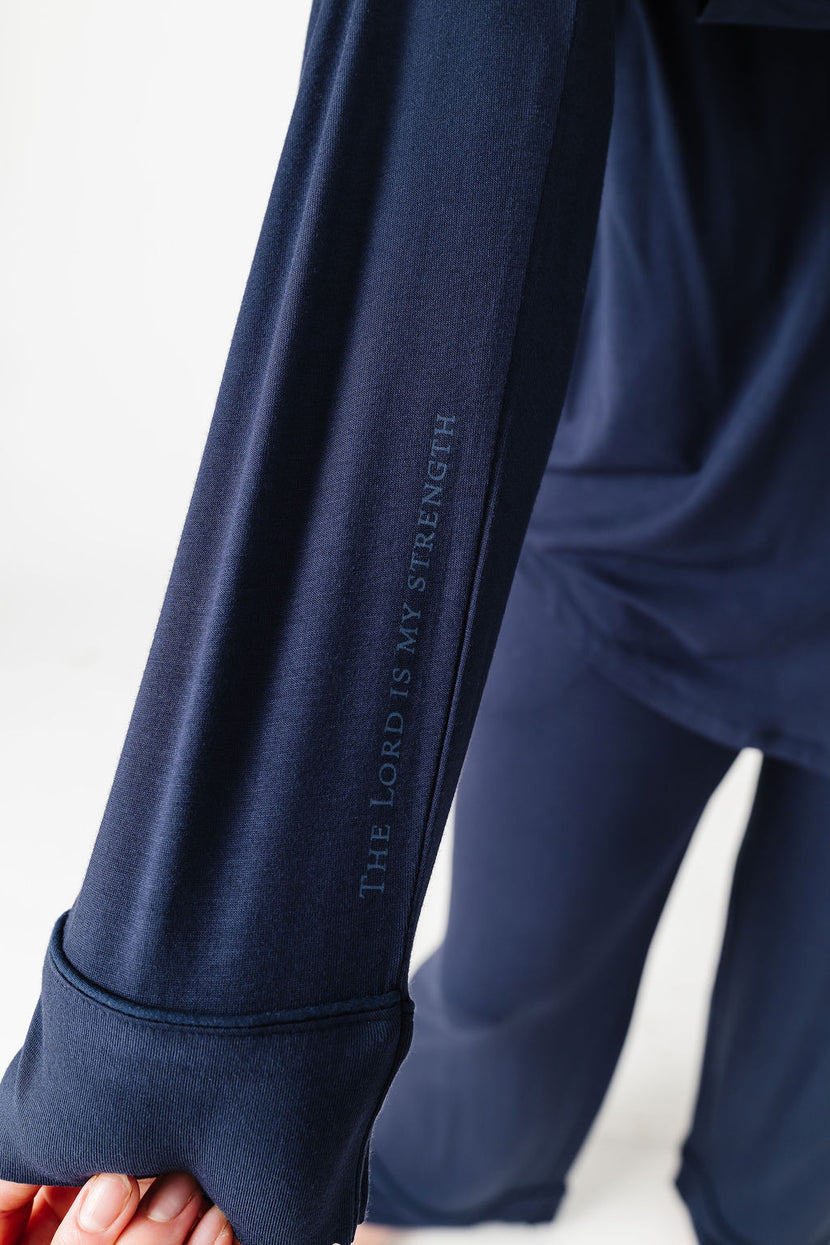 The Lord is My Strength Navy PJ Womens Notch Collar Set Bamboo