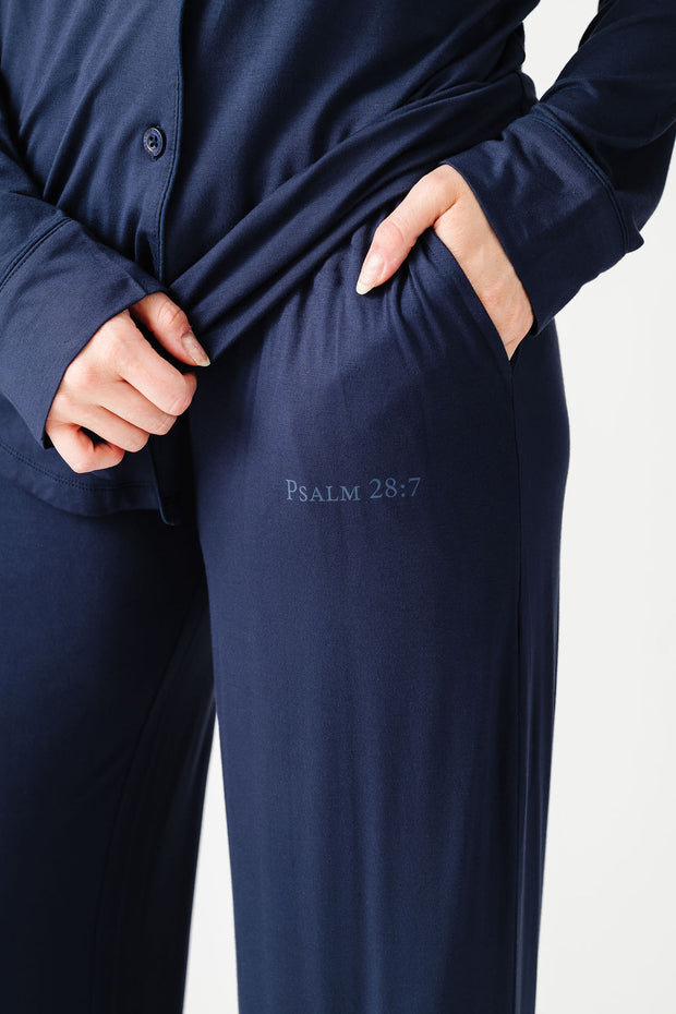 The Lord is My Strength Navy PJ Womens Notch Collar Set Bamboo