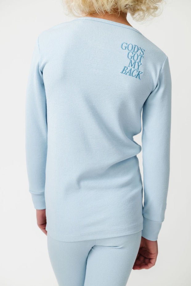 God's Got My Back Blue PJ Long Sleeve Set Ribbed Cotton-Bamboo Blend