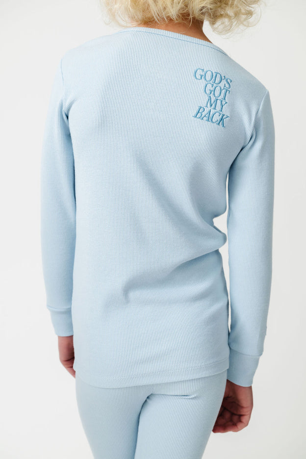 God's Got My Back Blue PJ Long Sleeve Set Ribbed Cotton-Bamboo Blend