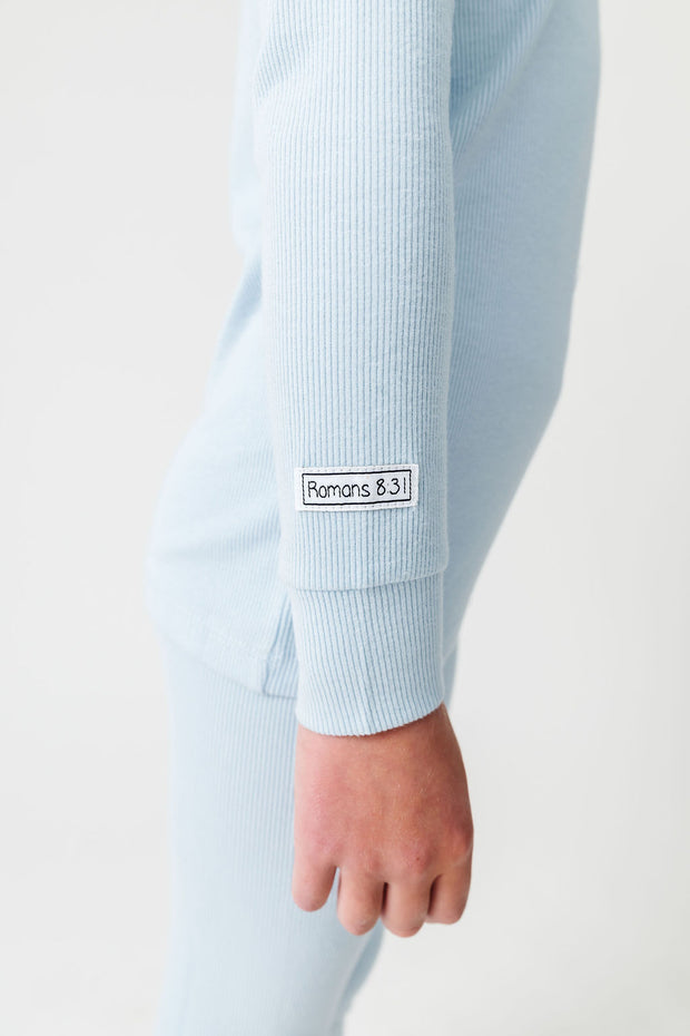 God's Got My Back Blue PJ Long Sleeve Set Ribbed Cotton-Bamboo Blend