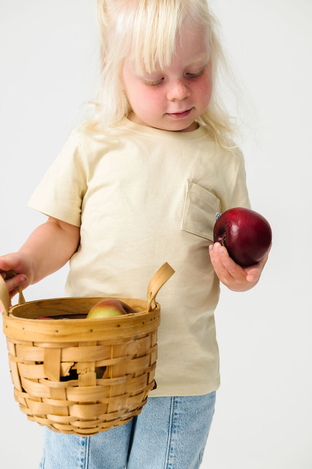Kids Solid Beige Prayer Pocket T-Shirt Cotton | Short Sleeve