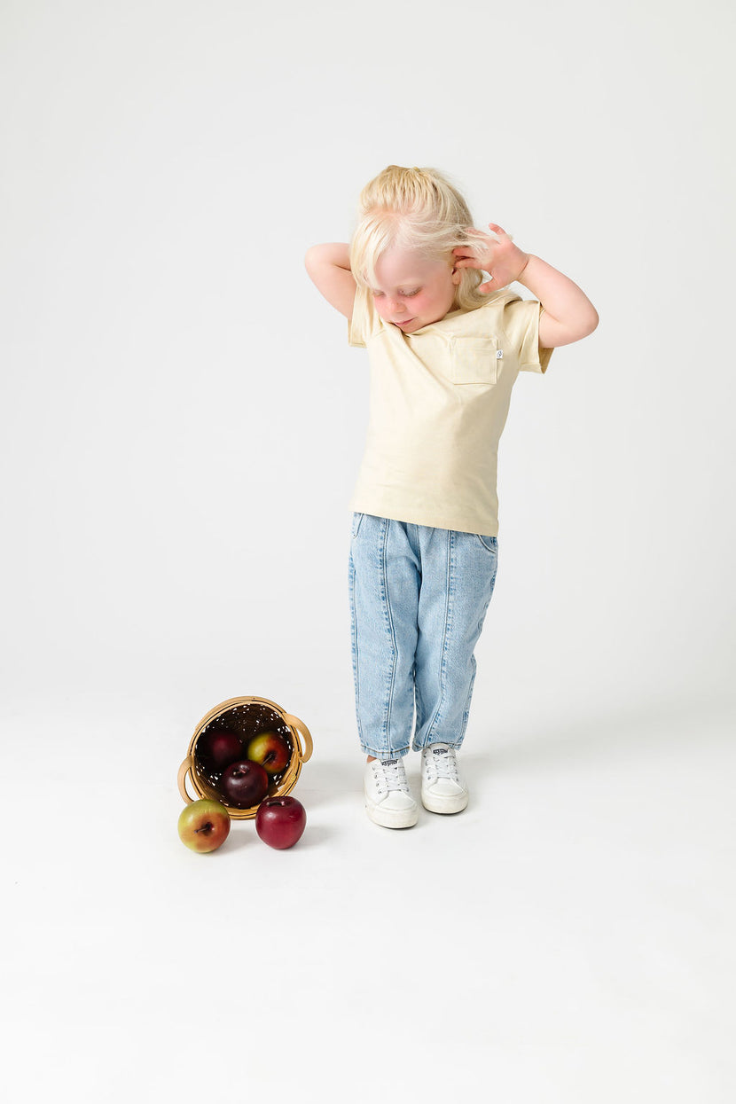 Kids Solid Beige Prayer Pocket T-Shirt Cotton | Short Sleeve