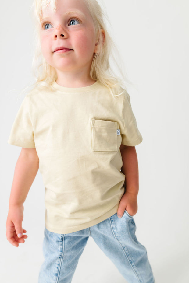 Kids Solid Beige Prayer Pocket T-Shirt Cotton | Short Sleeve