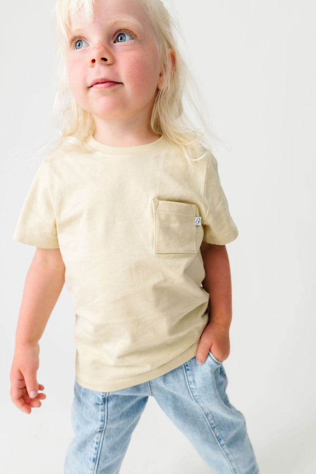 Kids Solid Beige Prayer Pocket T-Shirt Cotton | Short Sleeve