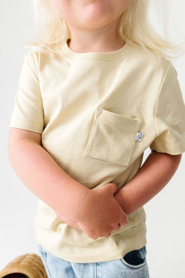Kids Solid Beige Prayer Pocket T-Shirt Cotton | Short Sleeve