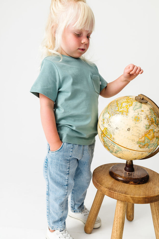 Kids Solid Teal Prayer Pocket T-Shirt Cotton | Short Sleeve