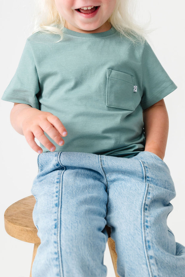 Kids Solid Teal Prayer Pocket T-Shirt Cotton | Short Sleeve
