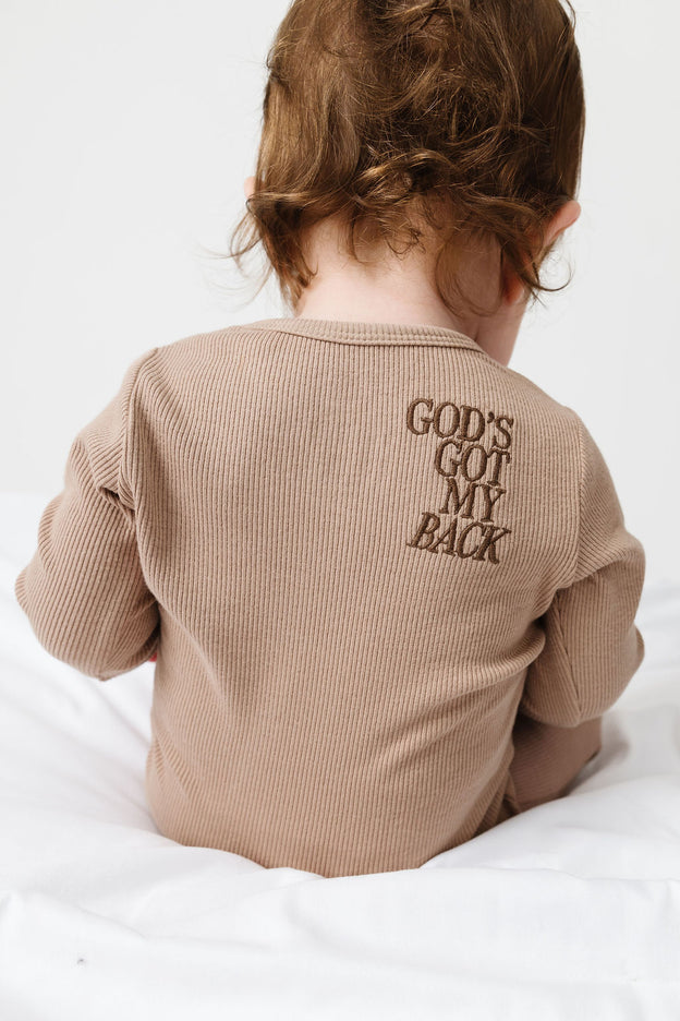 God's Got My Back Beige PJ Footless Onesie Ribbed Cotton-Bamboo Blend