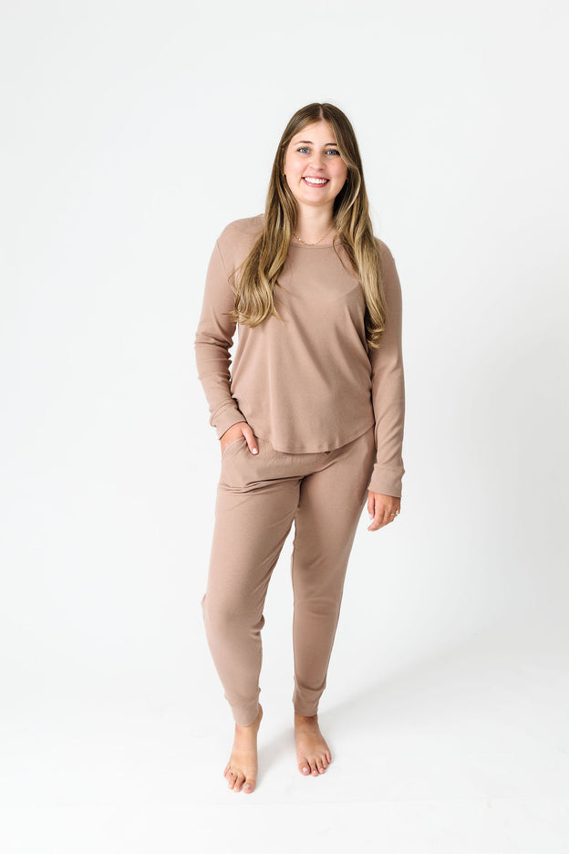God's Got My Back Beige PJ Womens Long Sleeve Jogger Set Ribbed Cotton-Bamboo Blend