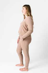 Gods Got My Back Beige PJ Womens Long Sleeve Jogger Set Ribbed Cotton-Bamboo Blend