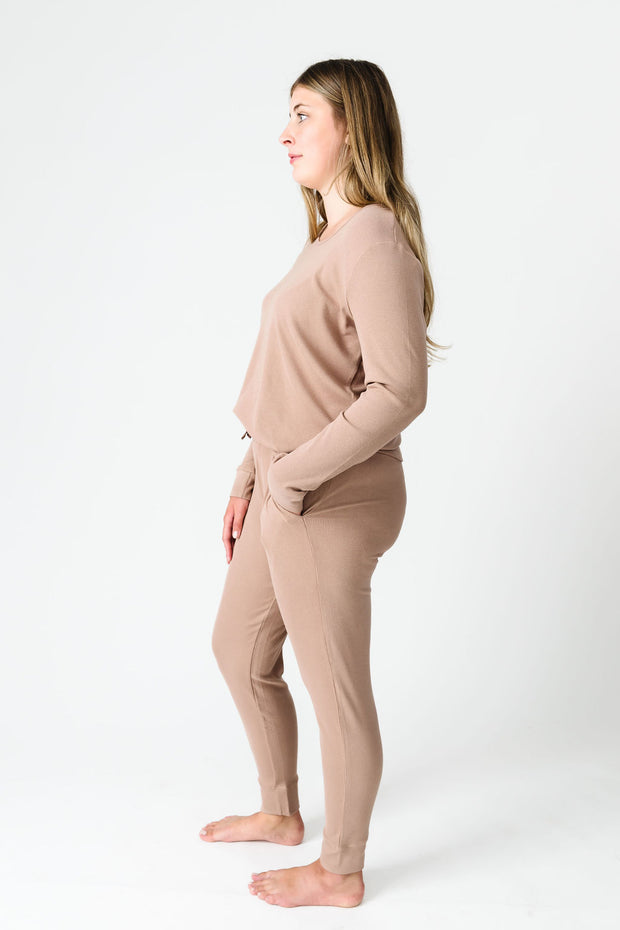God's Got My Back Beige PJ Womens Long Sleeve Jogger Set Ribbed Cotton-Bamboo Blend