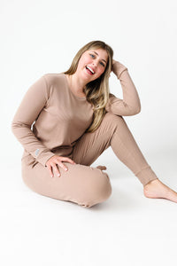 Gods Got My Back Beige PJ Womens Long Sleeve Jogger Set Ribbed Cotton-Bamboo Blend