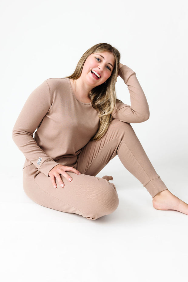 God's Got My Back Beige PJ Womens Long Sleeve Jogger Set Ribbed Cotton-Bamboo Blend