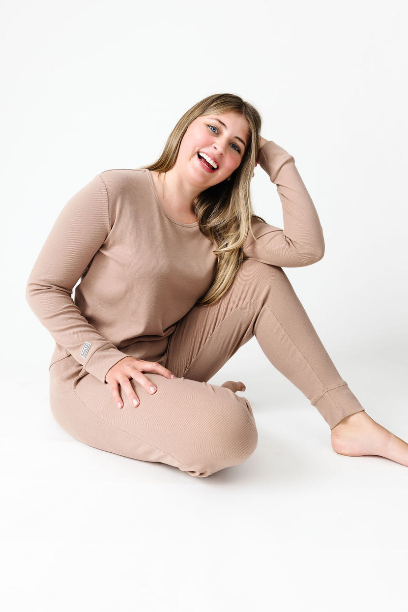 God's Got My Back Beige PJ Womens Long Sleeve Jogger Set Ribbed Cotton-Bamboo Blend